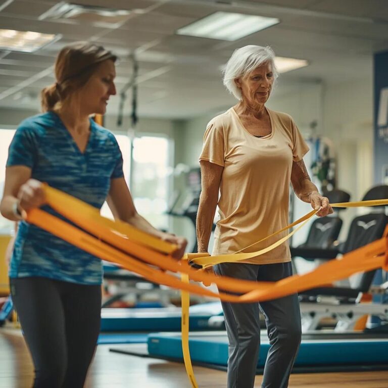 Cancer survivor engaging in physical therapy exercises with a therapist in a rehabilitation center