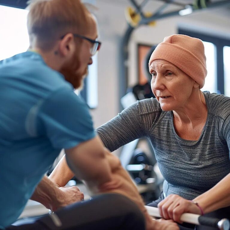 Cancer patient exercising with a trainer, emphasizing personalized workouts for recovery