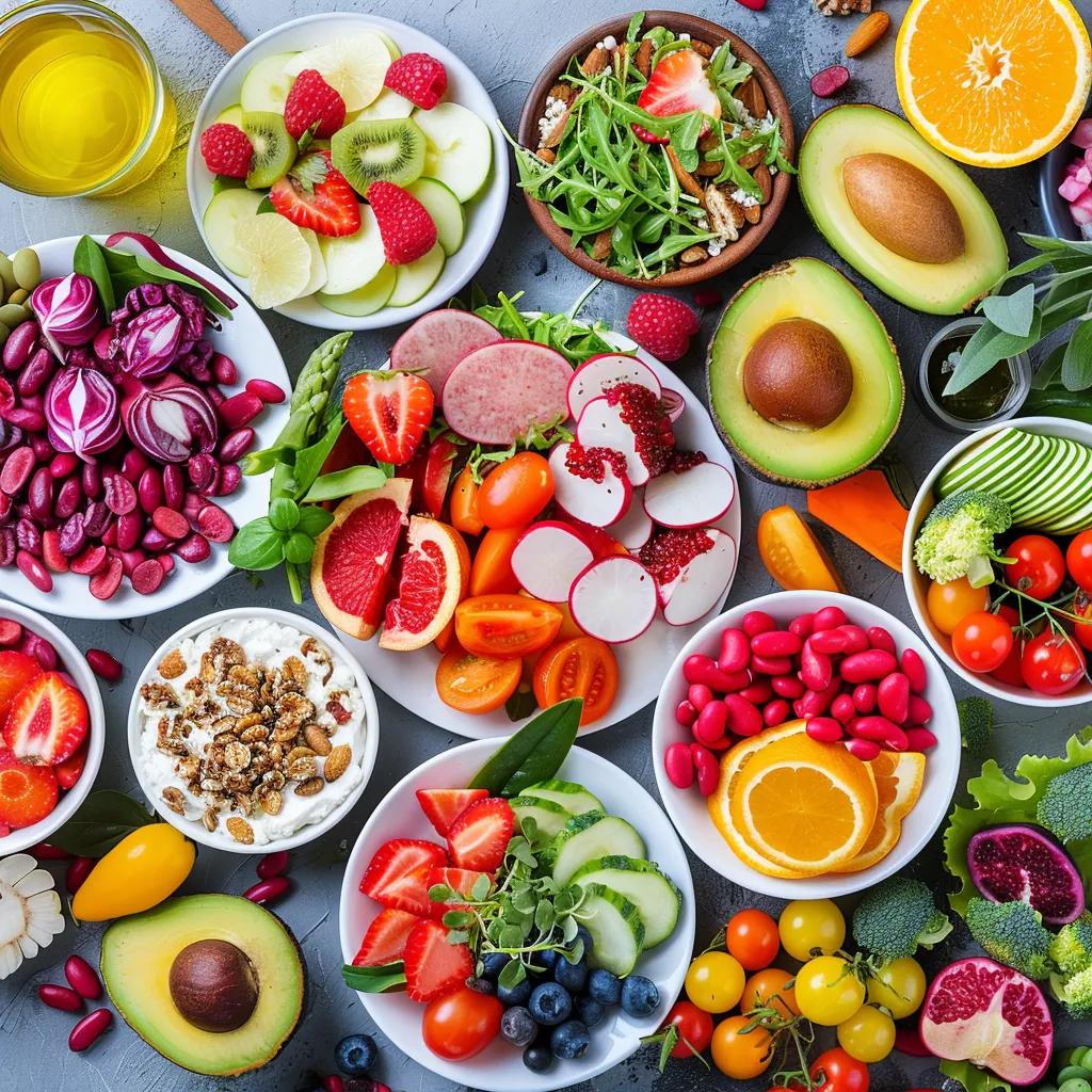 Healthy meal spread with fruits, vegetables, and lean proteins, highlighting the synergy between nutrition and exercise in cancer rehabilitation