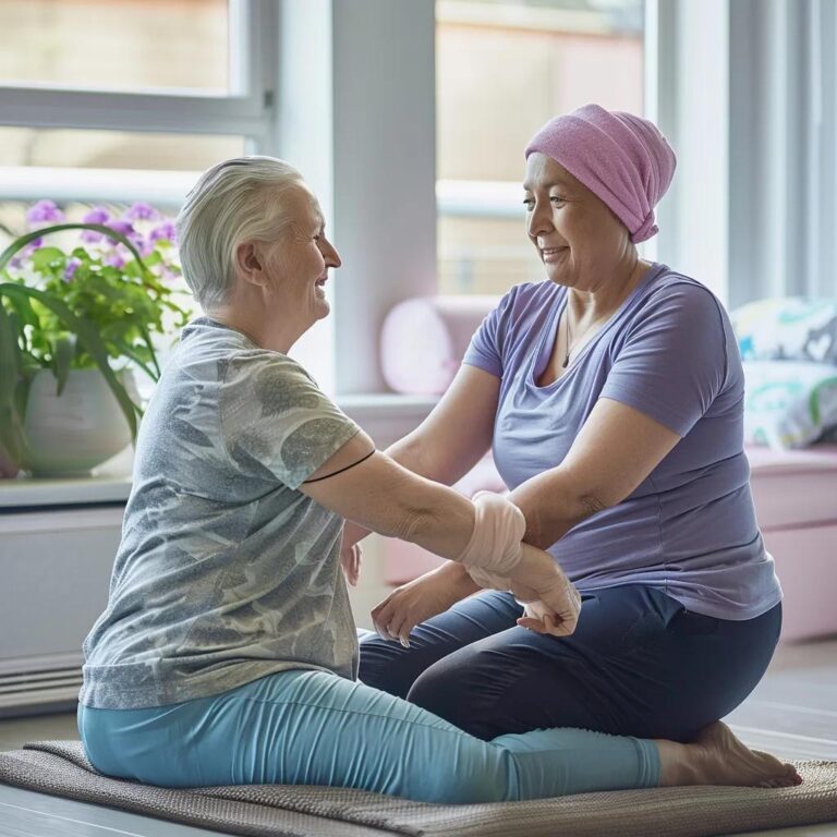 Physical therapist guiding a cancer survivor through rehabilitation exercises in a supportive environment