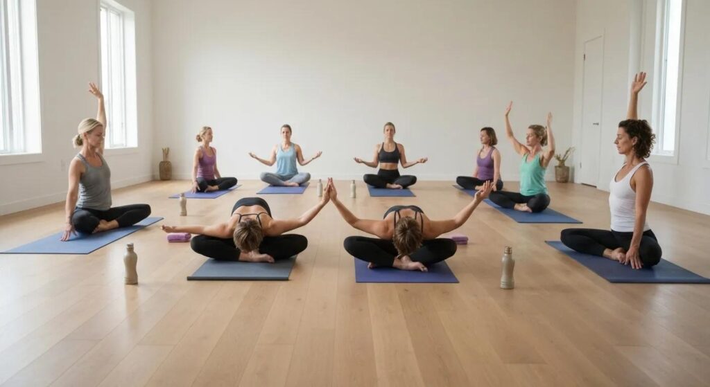 Group yoga class for cancer survivors, illustrating the mental health benefits of physical activity