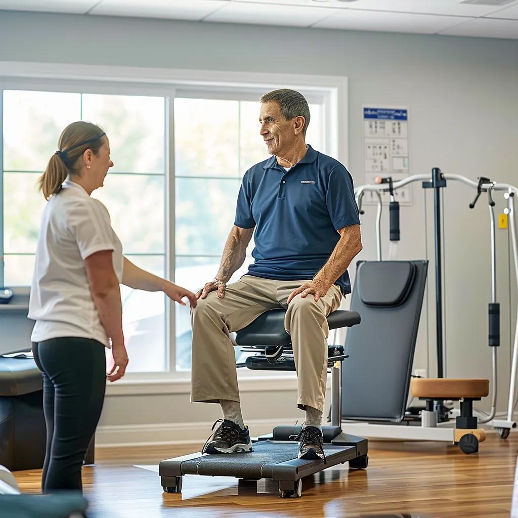 Physical therapist guiding a cancer survivor through rehabilitation exercises in a bright therapy room