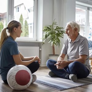 Cancer survivor participating in rehabilitation exercises with a therapist in a bright therapy room