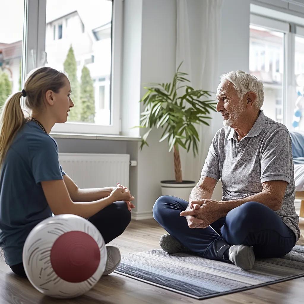 Cancer survivor participating in rehabilitation exercises with a therapist in a bright therapy room