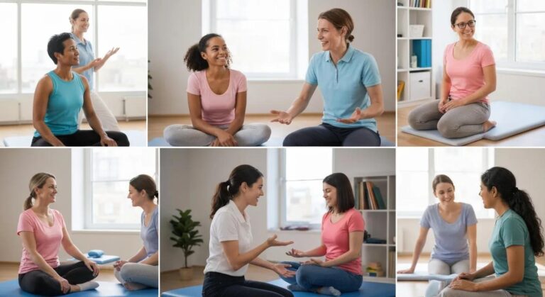 Cancer rehabilitation session with diverse patients and a supportive therapist in a bright therapy center