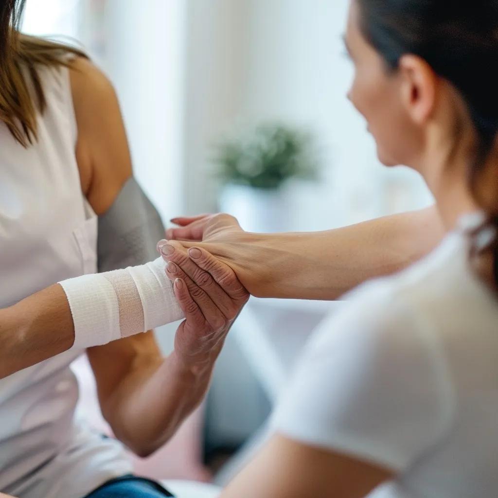 Physical therapist applying compression bandaging to manage lymphedema symptoms in a patient