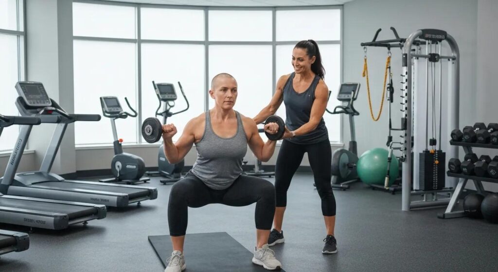 Cancer patient engaging in prehabilitation exercises with a trainer in a supportive fitness environment