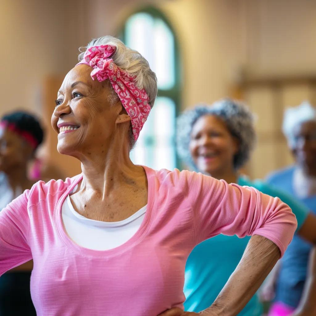 Group of cancer survivors in a supportive exercise class, illustrating the benefits of physical activity during recovery