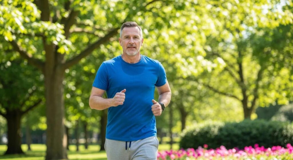 Cancer survivor engaging in brisk walking exercise in a park, illustrating the benefits of physical activity for reducing fatigue
