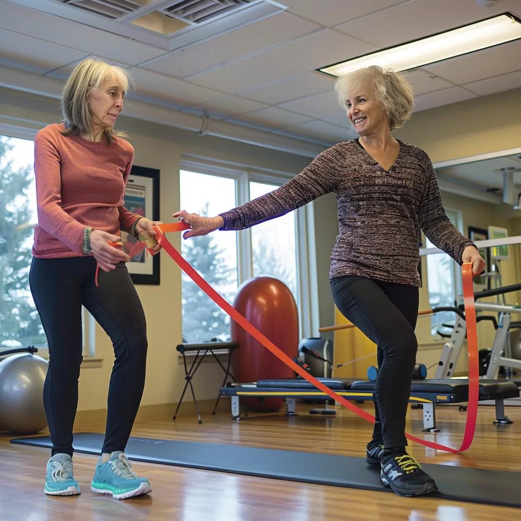 Certified cancer exercise specialist guiding a survivor through a gentle exercise routine indoors