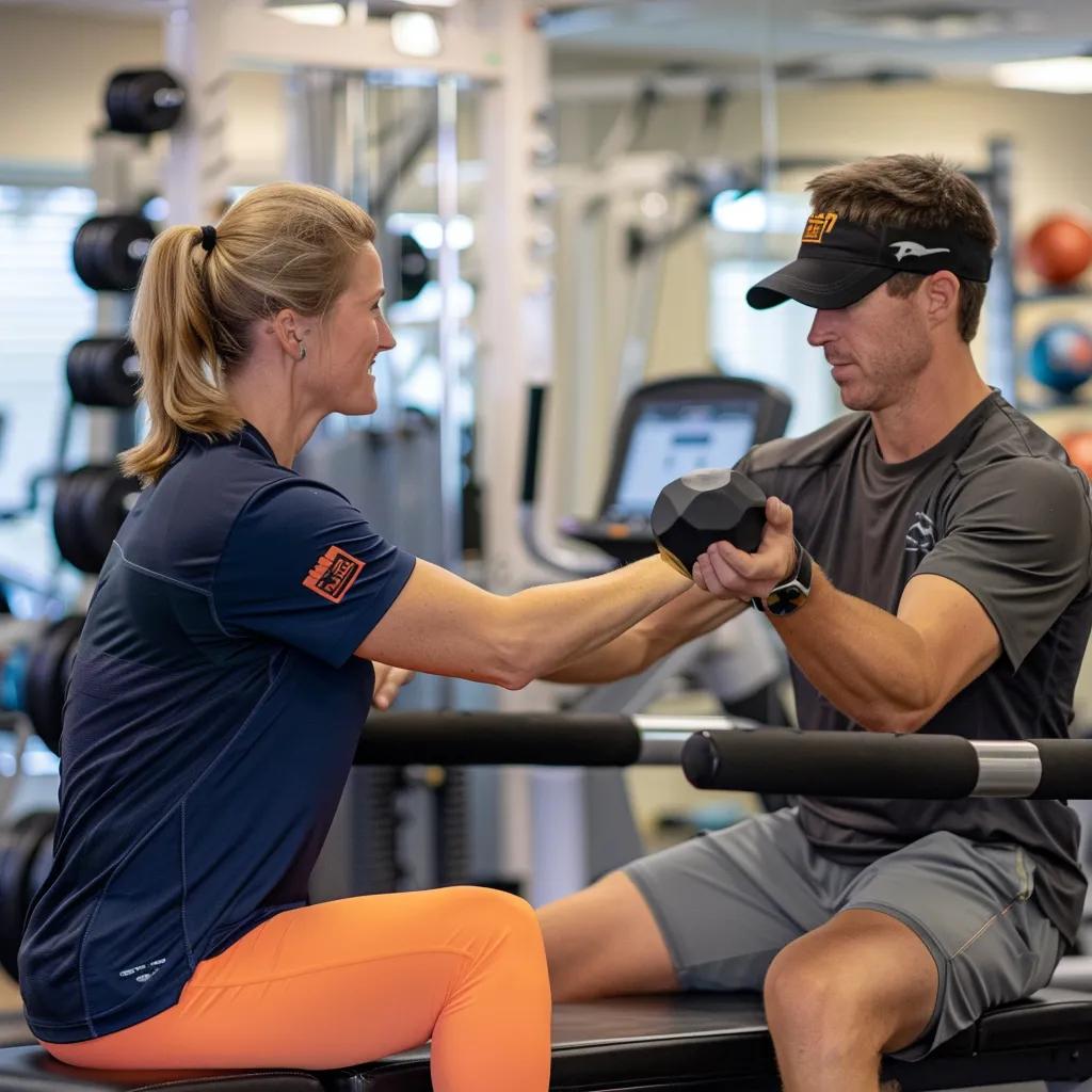 Certified cancer exercise specialist guiding a patient through resistance training in a gym, emphasizing safe exercise practices