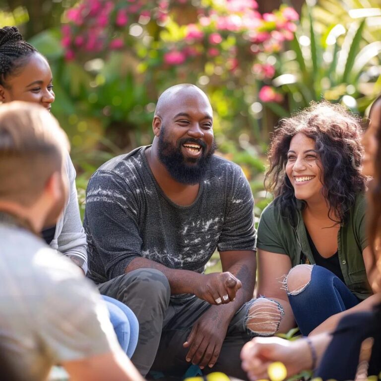 Diverse cancer survivors in a supportive outdoor therapy session, symbolizing hope and resilience