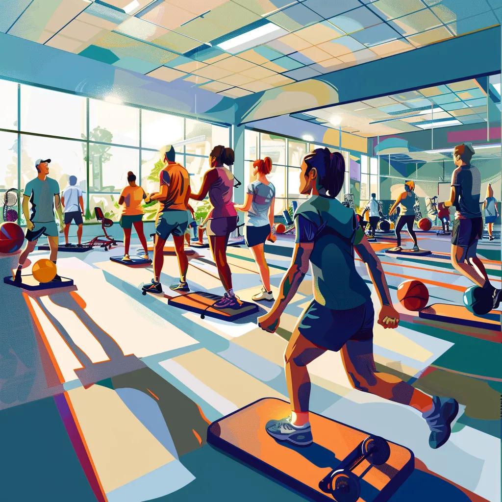 Patients performing various oncology exercises in a rehabilitation center, illustrating the diversity of customized training plans