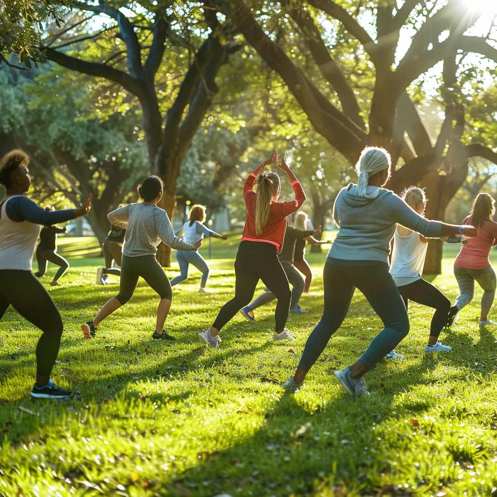 Cancer survivors exercising together in a park, showcasing community support and empowerment through physical activity