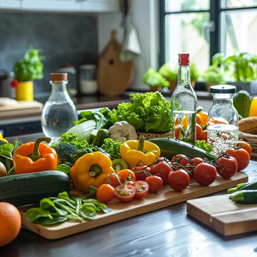Healthy foods and hydration options in a kitchen, emphasizing nutrition for cancer survivors