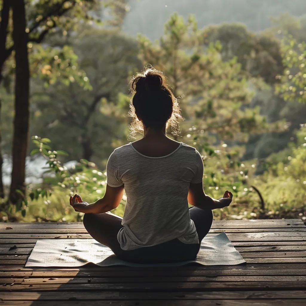 Cancer survivor practicing yoga in a serene outdoor setting, representing holistic wellness and recovery