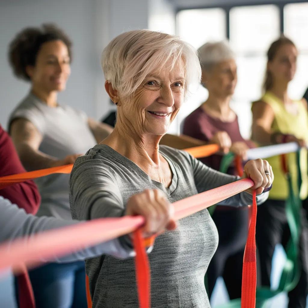 Group of cancer patients in a supportive strength training class with resistance bands
