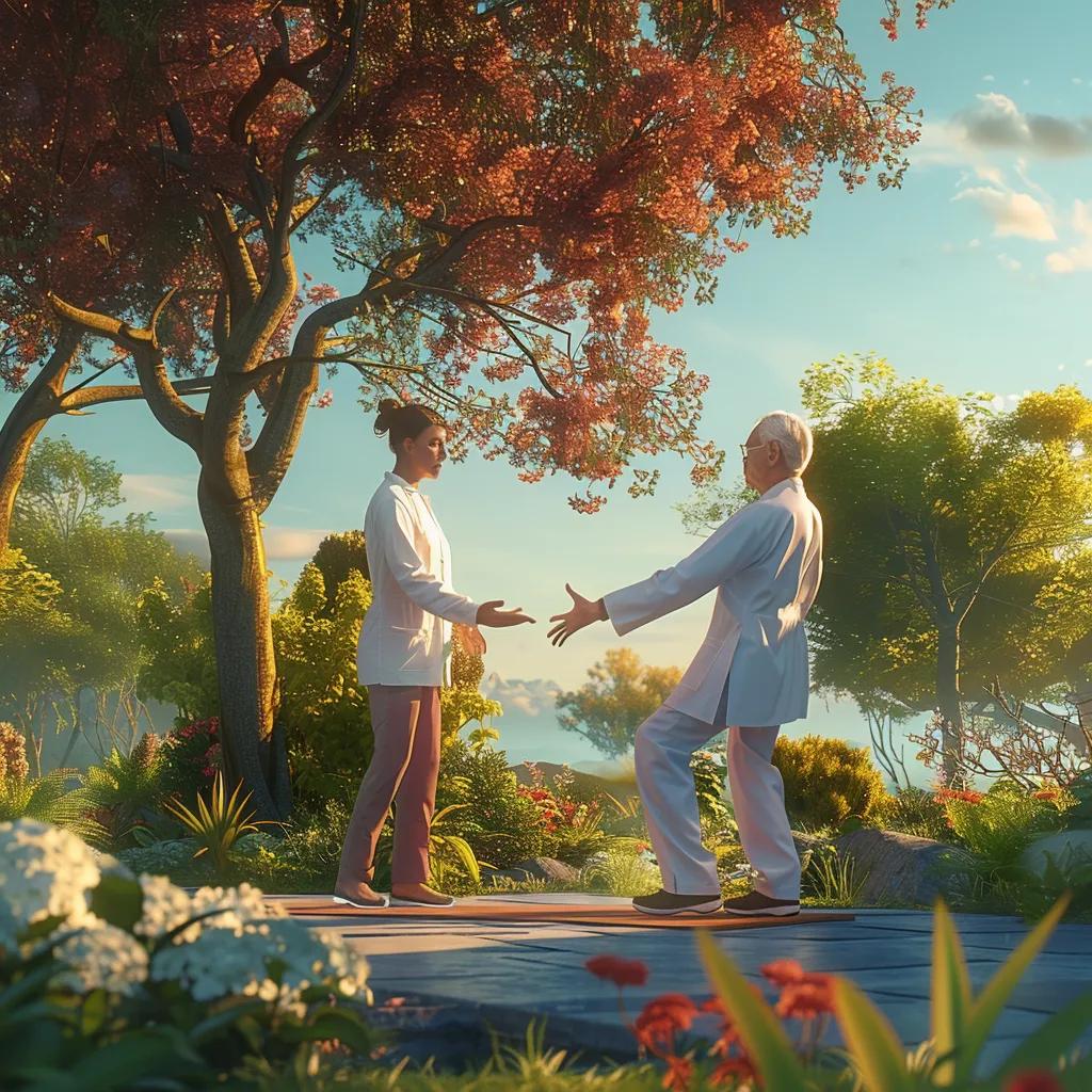 Oncology patient stretching outdoors with a rehabilitation specialist, emphasizing personalized exercise for cancer recovery