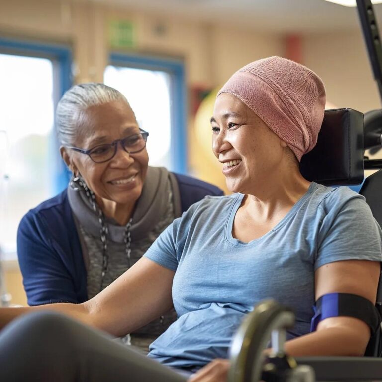Cancer rehabilitation session with a survivor and therapist demonstrating exercises in a supportive environment
