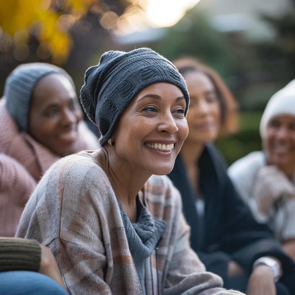 Diverse cancer survivors in a supportive outdoor therapy session, symbolizing hope and resilience in recovery