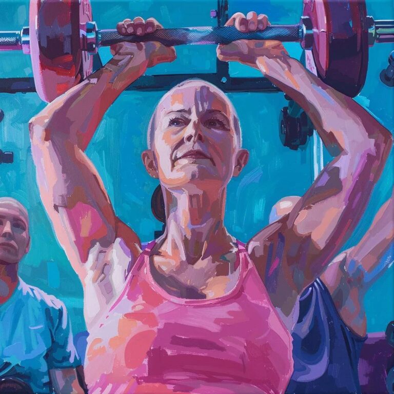 Cancer survivor strength training with weights in a bright, supportive environment