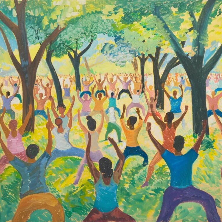 Cancer survivors participating in a supportive outdoor exercise class, promoting recovery and community engagement