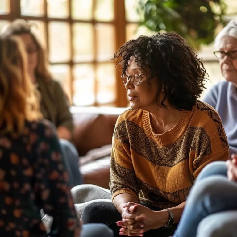 Supportive group therapy session for cancer survivors, emphasizing emotional healing and community