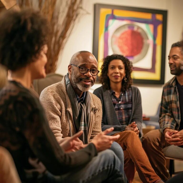 Diverse group discussing cancer support in a cozy community center