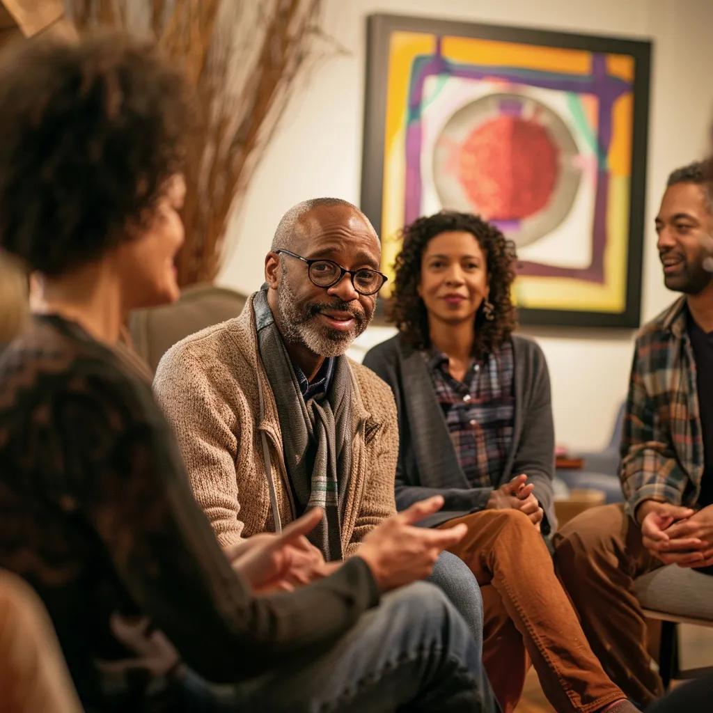 Diverse group discussing cancer support in a cozy community center