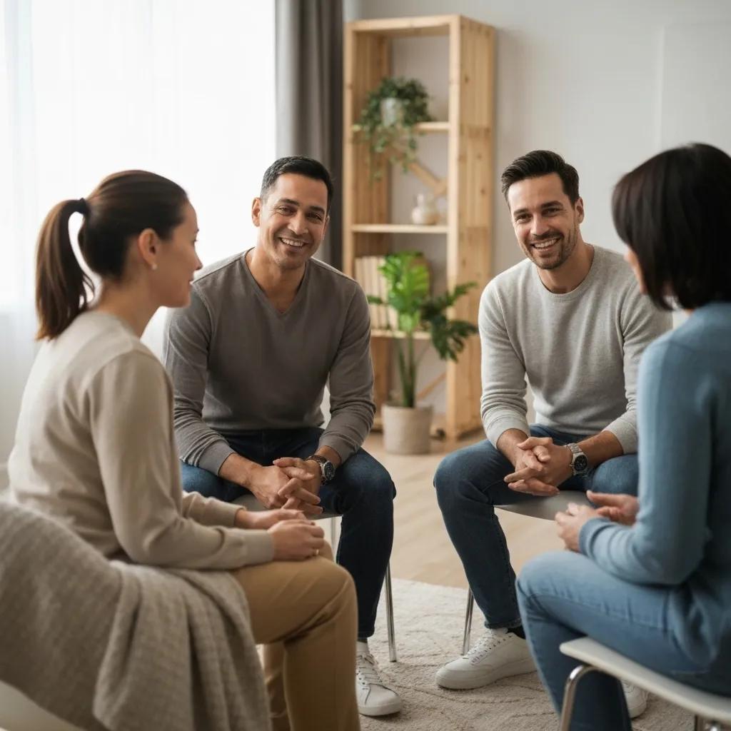 Cancer survivors participating in a supportive group therapy session, sharing their experiences