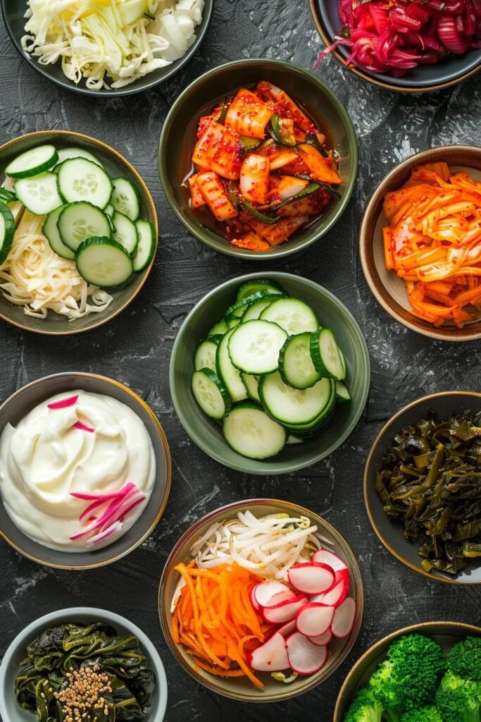 A variety of fermented foods like yogurt, kimchi, and sauerkraut, promoting gut health