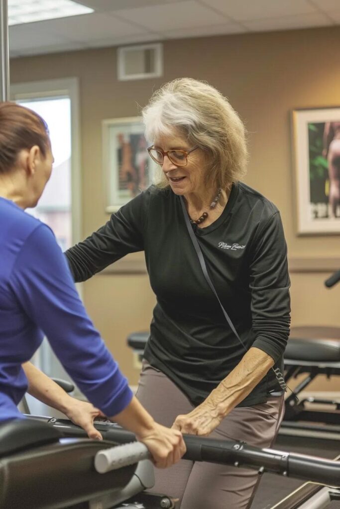 A physical therapist carefully guiding a cancer patient through a rehabilitation exercise