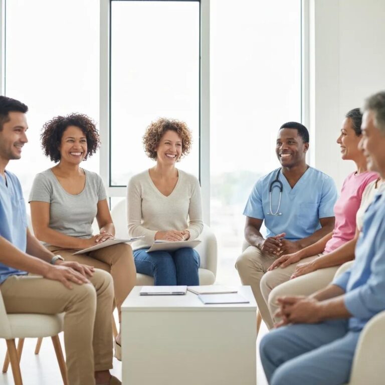 Supportive group therapy session for cancer survivors promoting community and healing