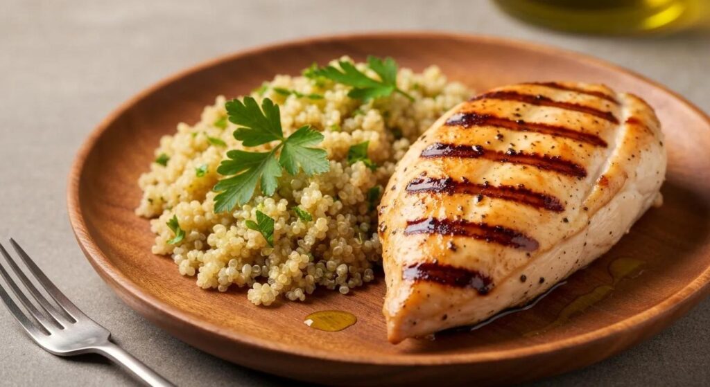 A healthy meal featuring grilled chicken breast and quinoa, ideal for muscle repair