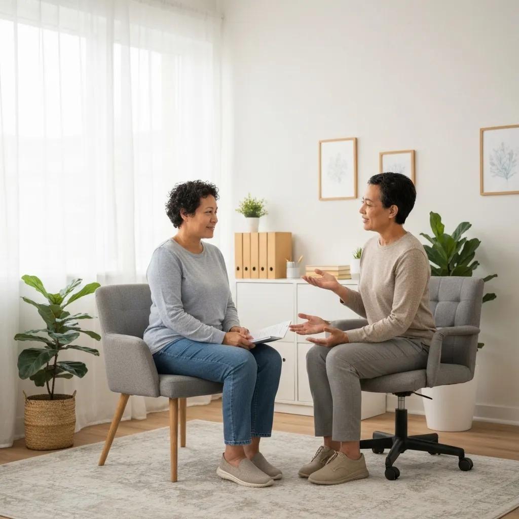 A counselor providing emotional support to a cancer survivor in a comfortable office setting.